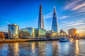 Obraz premium Stunning View of The Shard Skyscraper by the River Thames in Southwark, London, Captured on January 16, 2019, Showcasing Urban Architecture and City Landscape