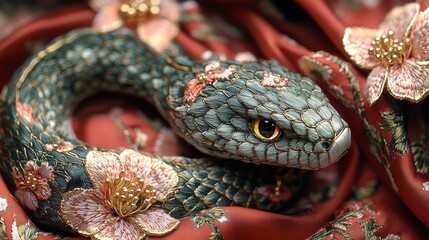 Fototapeta premium Intricately designed snake with floral patterns on fabric background