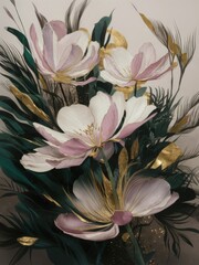Fototapeta premium Minimalistic illustration with delicate flowers that are emphasized with gold foil accents.