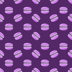 A seamless vector pattern featuring purple macarons scattered on a matching violet background. Perfect for bakery branding, packaging, textiles, and stylish dessert-themed designs.