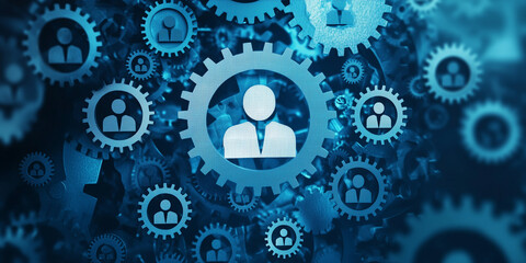 A futuristic digital composition of blue gears with user icons, representing business collaboration, networking, and organizational connectivity. Ideal for modern technological concepts.