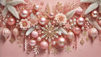 Fototapeta premium Elegant Pink Gold Christmas Ornaments Festive Decorations Holiday Background