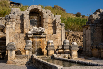 Rows of columns in Perge, Antalya, Turkey. Remains of colonnaded street in Pamphylian ancient...
