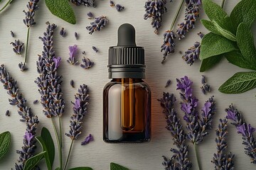 Glass bottle of Lavender essential oil with fresh lavender flowers and dried lavender seeds on white wooden rustic table, aromatherapy spa massage concept. Lavendula oleum