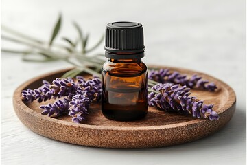 Glass bottle of Lavender essential oil with fresh lavender flowers and dried lavender seeds on white wooden rustic table, aromatherapy spa massage concept. Lavendula oleum