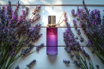 Glass bottle of Lavender essential oil with fresh lavender flowers and dried lavender seeds on white wooden rustic table, aromatherapy spa massage concept. Lavendula oleum