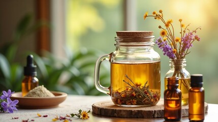 Herbal tea preparation with fresh flowers and essential oils in a cozy kitchen environment during afternoon light