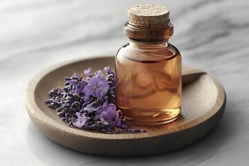 Glass bottle of Lavender essential oil with fresh lavender flowers and dried lavender seeds on white wooden rustic table, aromatherapy spa massage concept. Lavendula oleum