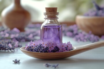 Glass bottle of Lavender essential oil with fresh lavender flowers and dried lavender seeds on white wooden rustic table, aromatherapy spa massage concept. Lavendula oleum