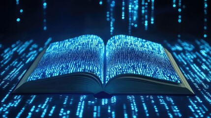 A digital e-reader with an open book interface, showcasing blue binary streams in the background