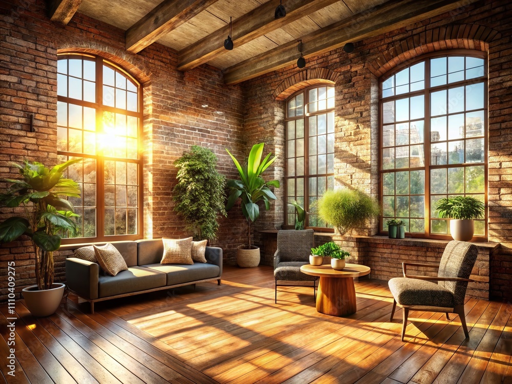 Poster sunlight streaming through windows in a cozy brick room with warm tones and soft shadows, creating a