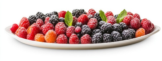 A platter of assorted fresh berries with a dusting of sugar, isolated white background, abstract art style