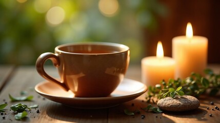 Cup beside flickering candles and fresh herbs on a rustic wooden table in a cozy setting