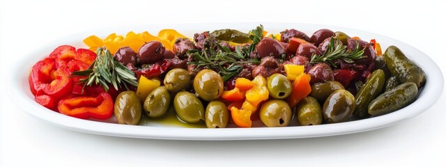 A platter of assorted marinated olives and pickled vegetables, isolated white background, pop art style