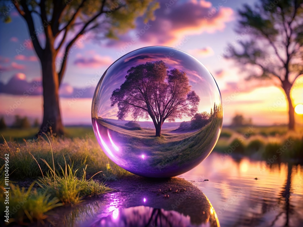 Poster surreal 3d rendering of a transparent glass sphere enveloping a smooth purple sphere, reflecting the