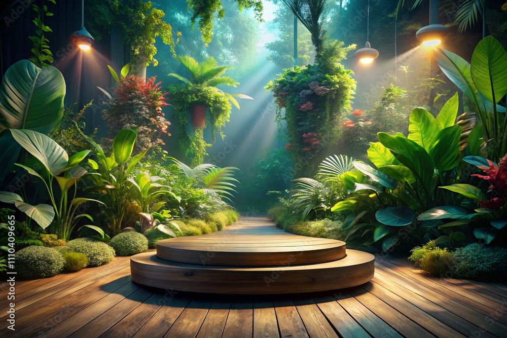 Aufkleber surreal 3d rendering of a wooden platform podium surrounded by lush greenery for an elegant product 