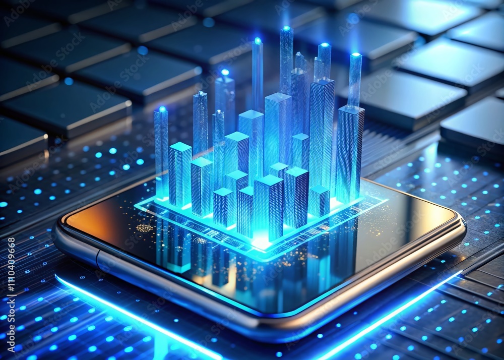 Poster surreal 3d rendering of glowing blue led business data on high-tech glass panel of a chromium mobile
