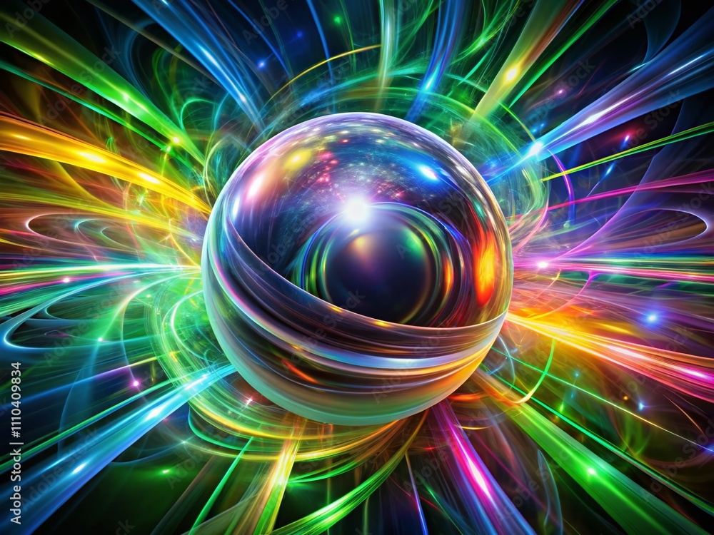 Poster surreal abstract sphere background with colorful light streaks in corkscrew motion and glowing effec