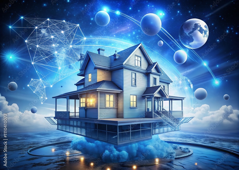 Poster surreal architectural blueprint with house structure overlaid, blending fantasy and reality, showcas