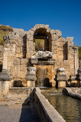Rows of columns in Perge, Antalya, Turkey. Remains of colonnaded street in Pamphylian ancient city.Rows of columns in Perge, Antalya, Turkey. Ancient Kestros Fountain. Aksu, Antalya