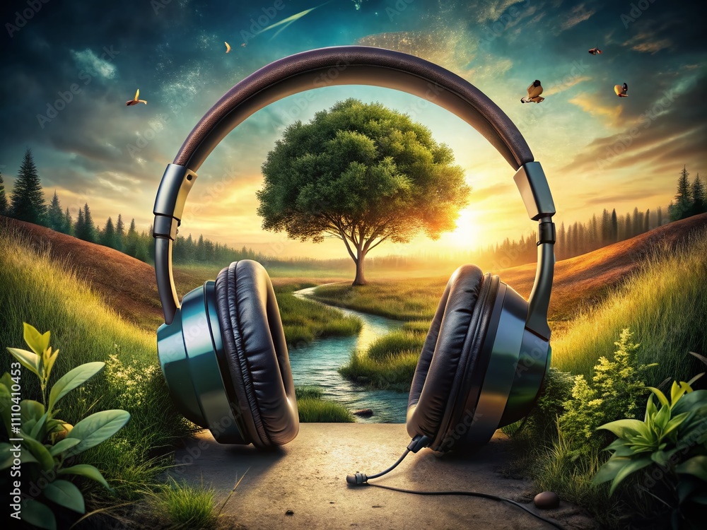 Poster surreal black headphones in an ethereal setting with dreamlike elements and soft shadows creating an