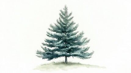 Obraz premium A gentle watercolor painting of a single pine tree, showcasing subtle green tones on a pure white background
