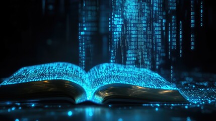 A glowing digital book with blue binary code, symbolizing innovation and technology in learning
