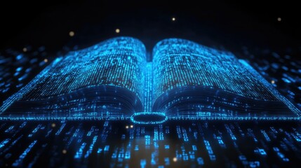 A glowing digital book with blue binary code, symbolizing innovation and technology in learning