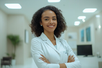 smiling woman doctor in a white coat, arms crossed, stands in a hospital hallway