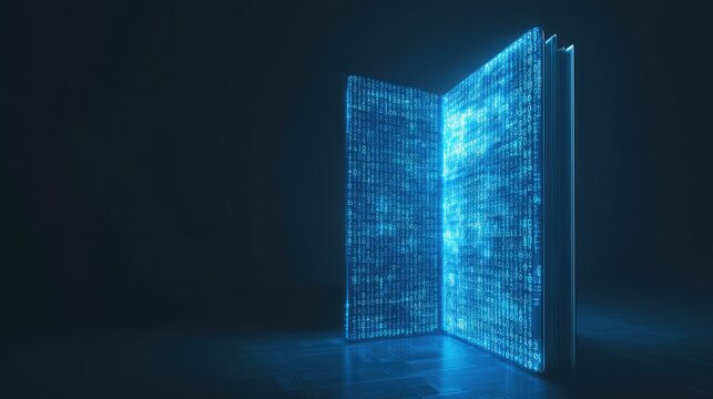A glowing e-book screen displaying blue binary code in a minimalist futuristic setting, highlighting digital education
