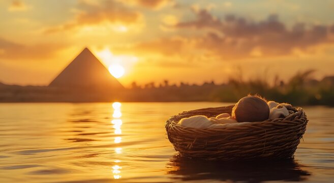 A beautiful child floats in a straw basket on a river. Sunset light with the pyramids in the background. 