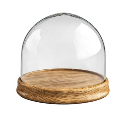 Glass dome with a wooden base, isolated on transparent cutout background