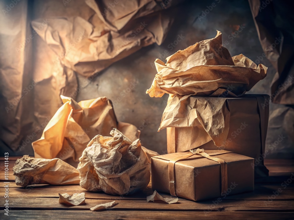Poster surreal composition of wrinkled and dusty paper packaging in a dreamlike setting evoking nostalgia a