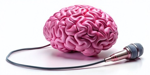 Surreal Concept of a Floating Pink Brain with a Microphone Symbolizing Thoughts and Communication on a White Isolated Background