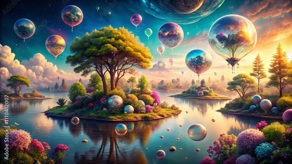 Poster surreal dreamscape featuring ethereal elements and whimsical landscapes with floating objects and vi