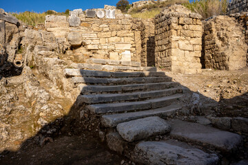 Rows of columns in Perge, Antalya, Turkey. Remains of colonnaded street in Pamphylian ancient...