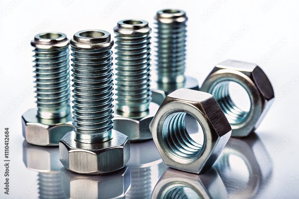 Poster surreal exploration of screw bolts and hex nuts intertwined, isolated on a pristine white background
