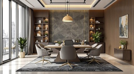 Modern stylish office space with a large conference table, comfortable chairs, built-in bookshelves, and large windows offering a city view, highlighting a sophisticated and professional environment