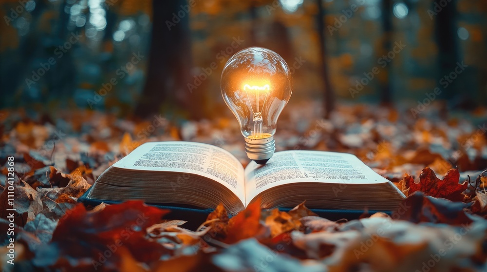Poster a light bulb glowing softly on an open book surrounded by colorful fallen leaves in a warm, rustic s