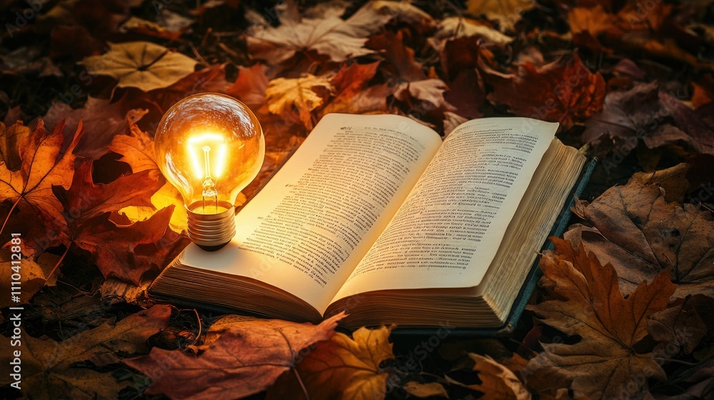Poster a light bulb glowing softly on an open book surrounded by colorful fallen leaves in a warm, rustic s