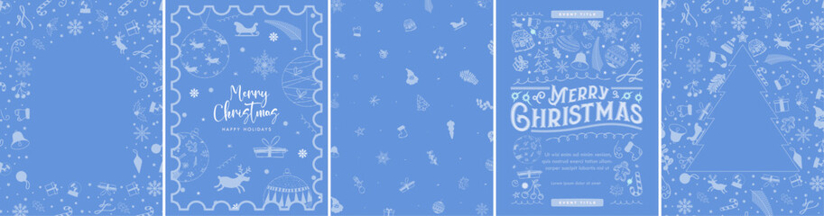 Teal Blue Christmas Template Designs. Beautiful Monochromatic Christmas Backgrounds with blue soft Christmas element patterns. Greeting Cards, poster templates with copy space, patterned background.
