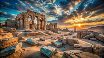 Ancient ruins at sunset with dramatic clouds and sandy landscape evoke sense of history and wonder