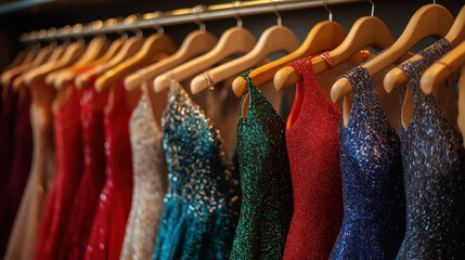 Sparkling evening gowns on wooden hangers in a boutique