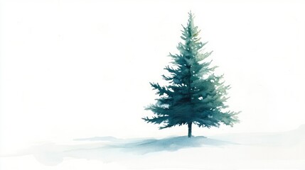 A lonely pine tree painted in serene watercolor shades, standing isolated on a white, empty background