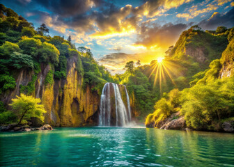 stunning waterfall cascades into serene turquoise pool, surrounded by lush greenery and vibrant sunlight filtering through trees, creating tranquil atmosphere