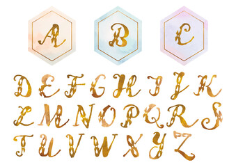 Golden Alphabet drawn in watercolor