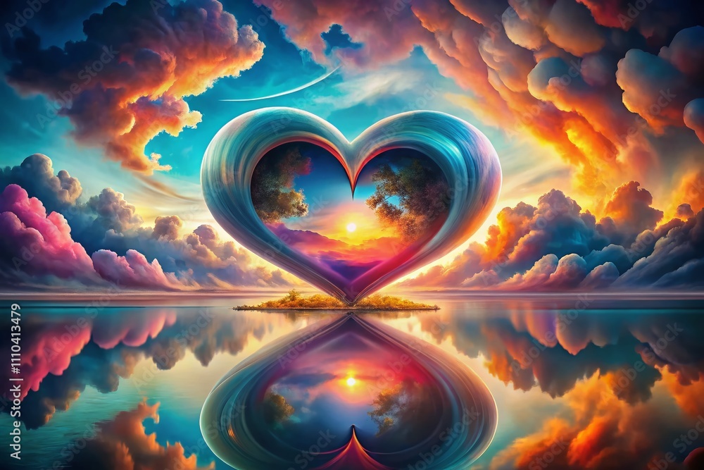 Poster surreal heart logo concept with abstract elements and vibrant colors, captivating design for creativ