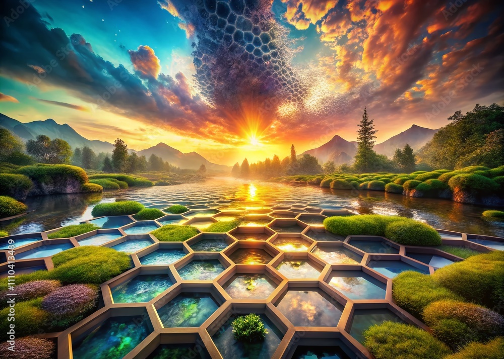 Poster surreal hexagonal patterns in a dreamlike landscape with vibrant colors and ethereal light effects, 