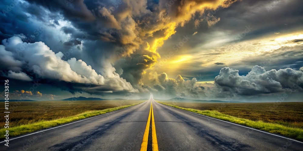 Poster surreal interpretation of broken yellow lines on a dreamlike road with ethereal landscapes, mysterio