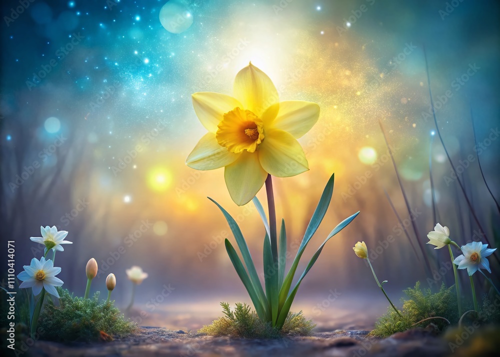 Poster surreal isolated daffodil in dreamlike landscape with ethereal lighting and mysterious background en